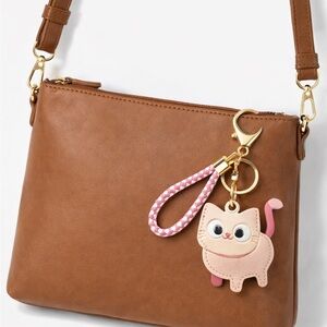 Cute Pink Cat Bag Charm Keychain – Faux Leather Kitty Purse Accessory